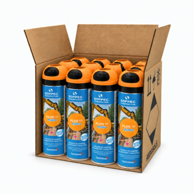 Soppec FLUO TP Hydro vannbasert fluoriserende merkespray for profesjonell oppmerking på betong, asfalt, gress, grus, sand, stein og treverk.