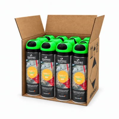 Soppec Fluo TP Nordic fluoriserende merkespray for profesjonell oppmerking i bygg, anlegg, landmåling og skogsarbeid.