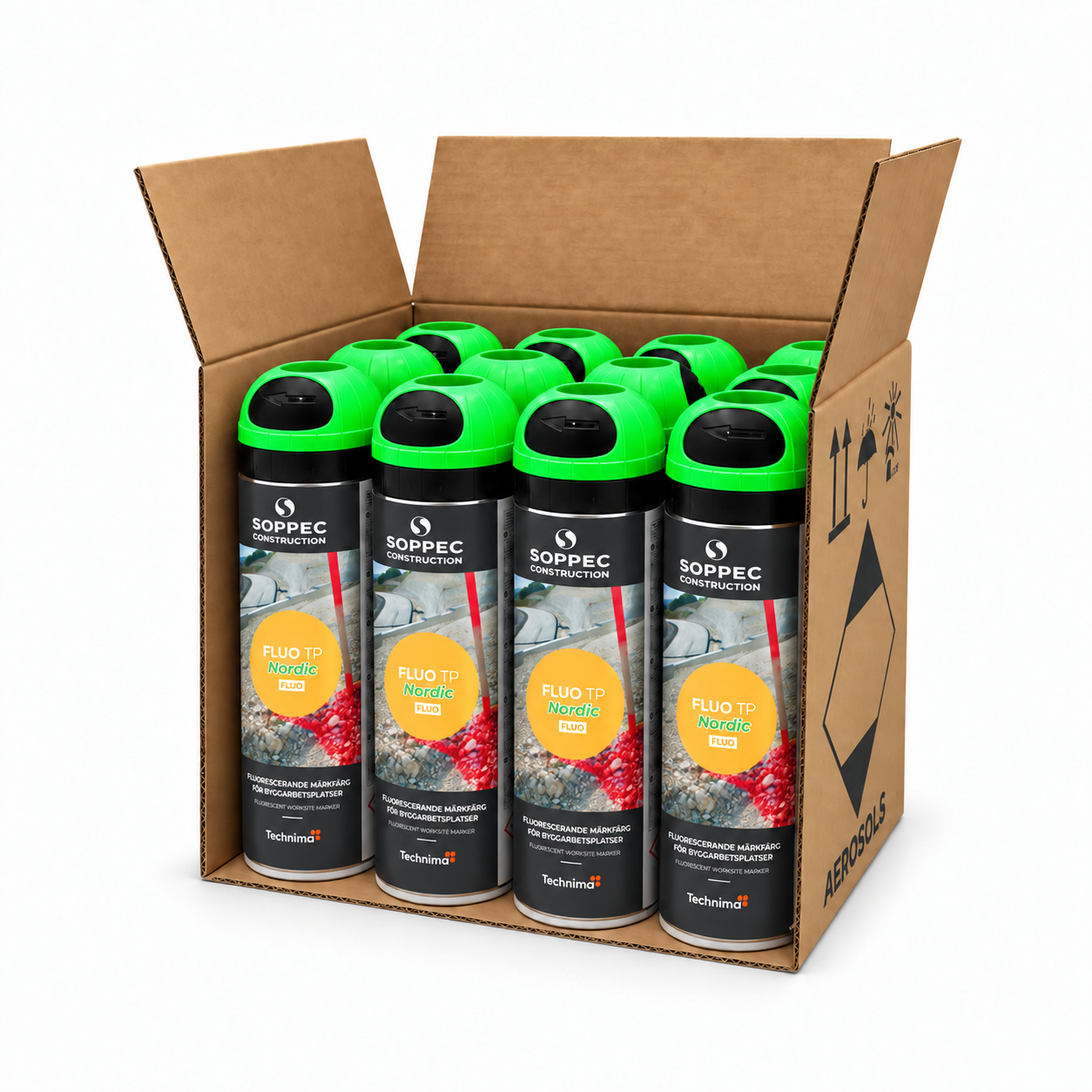 Soppec Fluo TP Nordic fluoriserende merkespray for profesjonell oppmerking i bygg, anlegg, landmåling og skogsarbeid.