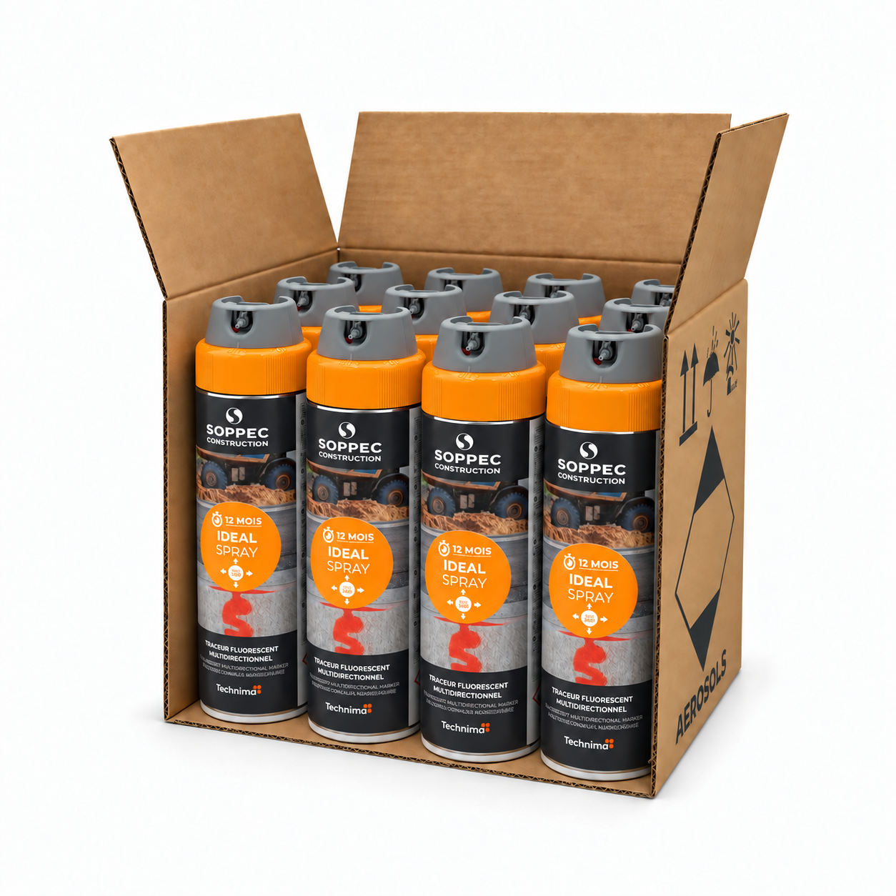 Soppec Ideal 360° skrive- og tunnelspray i fluoriserende farger, levert i kartong med 12 bokser.
