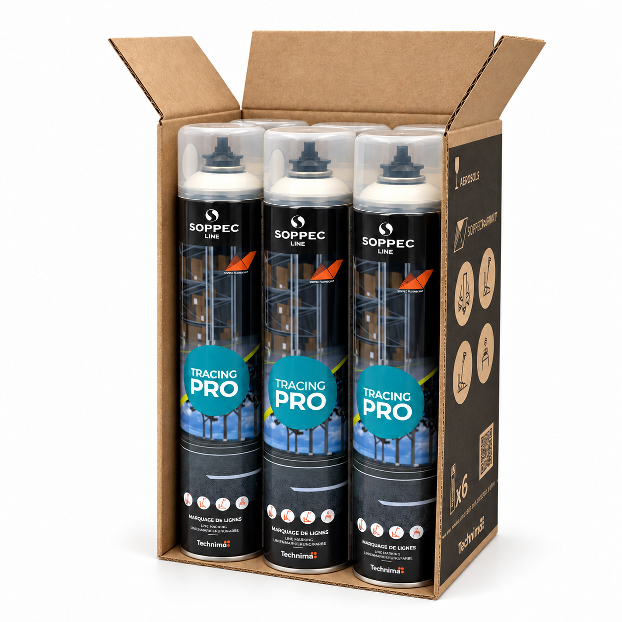 Soppec Tracing PRO linjespray for profesjonell linjemerking på asfalt, betong, gress og gulv, levert i kartong med 6 bokser.