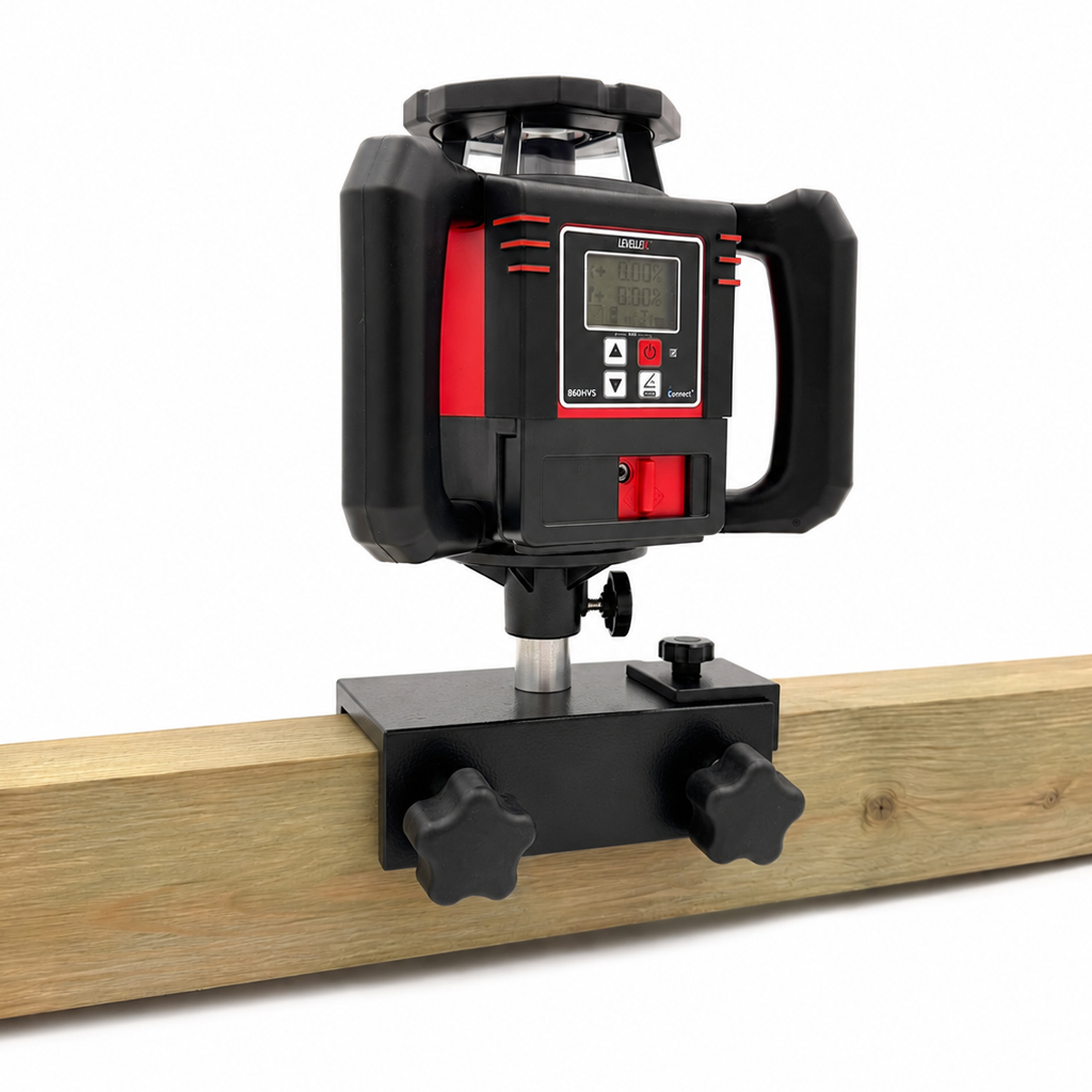 Justerbar bjelkebrakett med roterbar instrumentplate og 5/8 tommer feste for laser og måleinstrumenter.