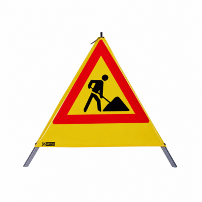 Varseltrekant med gravesymbol uten tekst, 75 cm høy og synlig på alle tre sider