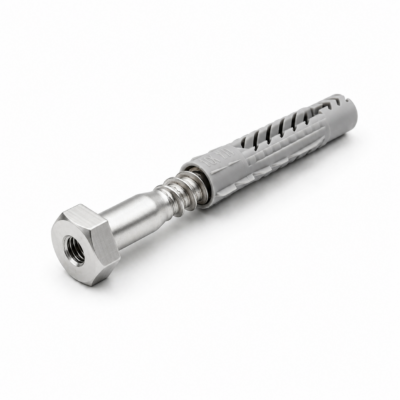 Fransk treskrue i rustfritt stål med Ø8 mm senterhull for montering av prismebolt og målepunkter, tilgjengelig med eller uten Fischer universalplugg.
