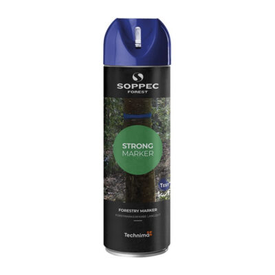 Blå, miljøvennlig STRONG MARKER merkespray fra SOPPEC for merking av trær i skogbruk, med 4–6 års holdbarhet og høy værbestandighet.