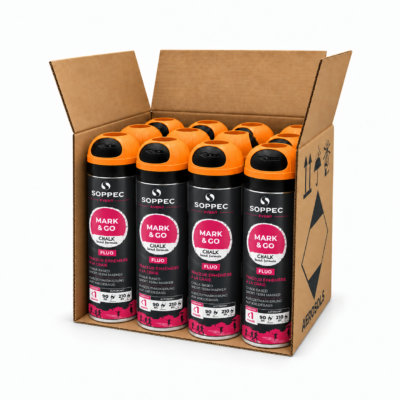 Soppec Mark & Go midlertidig fluoriserende merkespray/krittspray for tydelig oppmerking som kan fjernes etter bruk.