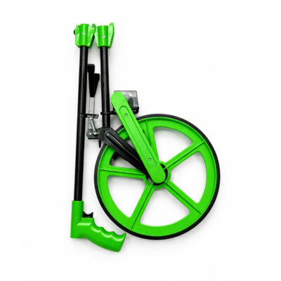 Grønt målehjul med håndbrems og sammenleggbart design for måling av avstander i felt