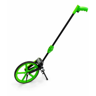 Grønt målehjul med håndbrems og sammenleggbart design for måling av avstander i felt