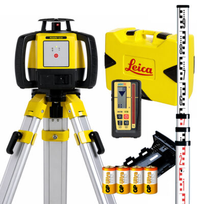 Leica Rugby 610 rotasjonslaser pakke med mottaker, stativ og nivelleringsstang