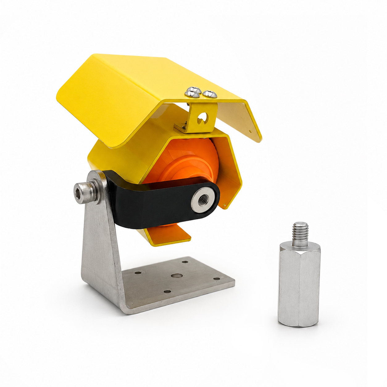Monitoreringsprisme Ø62 mm med justerbar veggbrakett og gult regntak, tilsvarende Trimble 58008042.