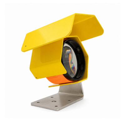 Monitoreringsprisme Ø62 mm med justerbar veggbrakett og gult regntak, tilsvarende Trimble 58008042.
