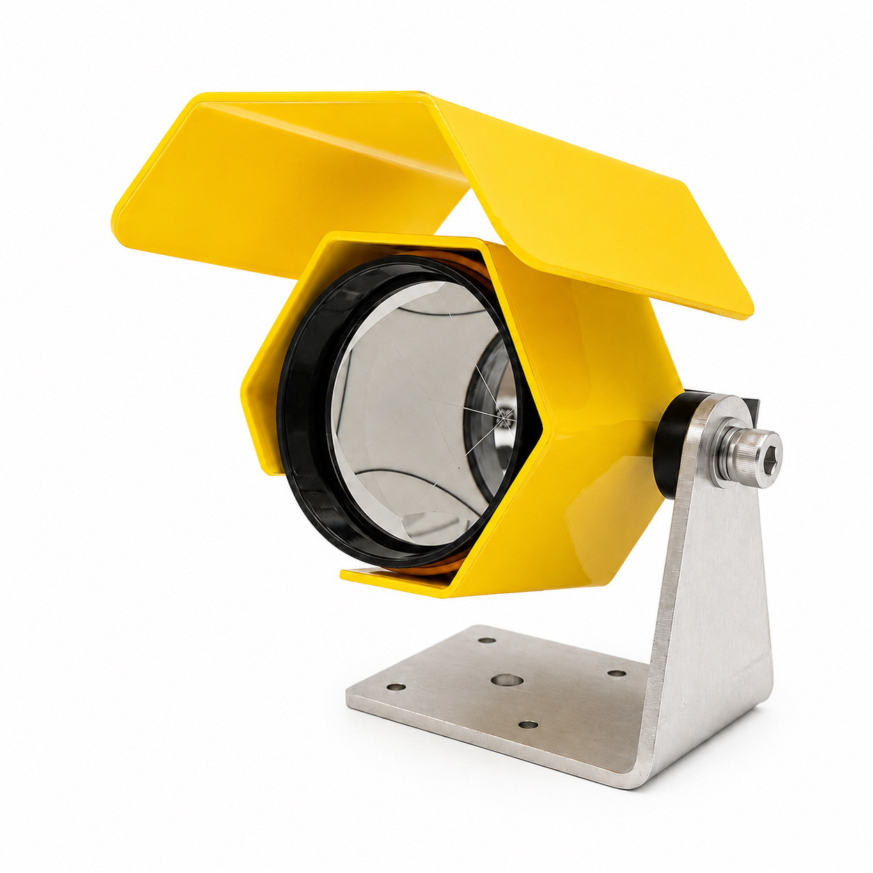 Monitoreringsprisme Ø62 mm med justerbar veggbrakett og gult regntak, tilsvarende Trimble 58008042.