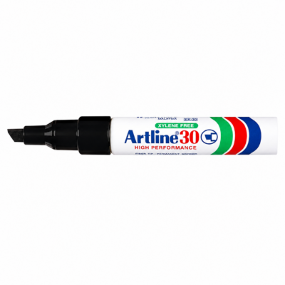 Artline 30 permanent merkepenn med sort blekk, skråskåret akrylfiberspiss og skrivebredde 2,0 til 5,0 mm.