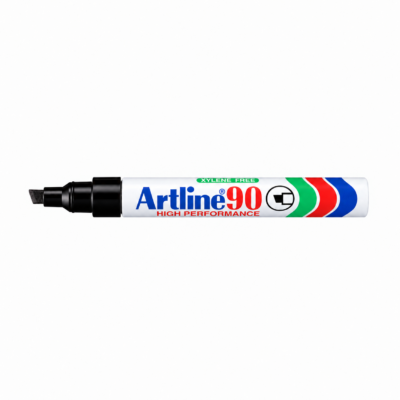 Artline 90 permanent merkepenn med sort blekk, skråskåret spiss og skrivebredde 2,0 til 5,0 mm, levert i pakke à 12 stk.
