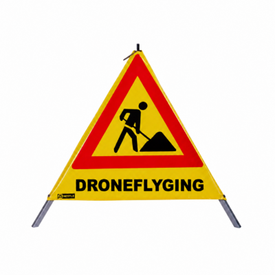 Varseltrekant DRONEFLYGING med gravesymbol, 75 cm høy og synlig på alle tre sider